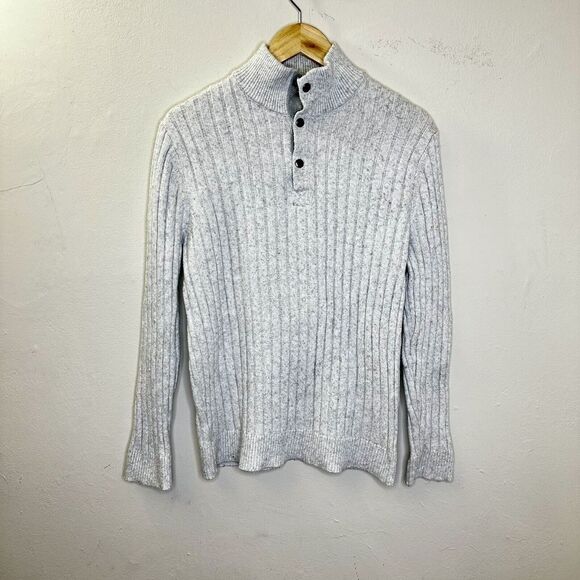 Express Women's Long Sleeve Sweater Button‎ Front Collar Ribbed Light Grey Large - Picture 1 of 15